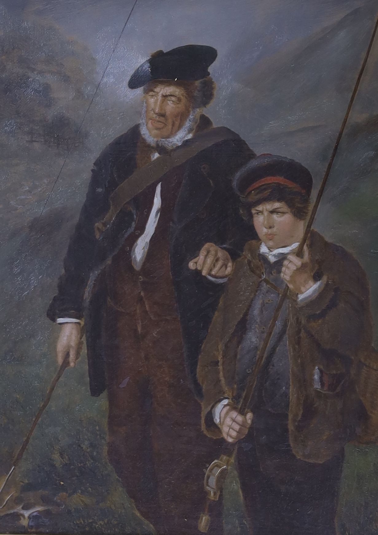 Victorian School, pair of oils on canvas, Girl with two dogs and Scottish anglers, 28 x 20cm